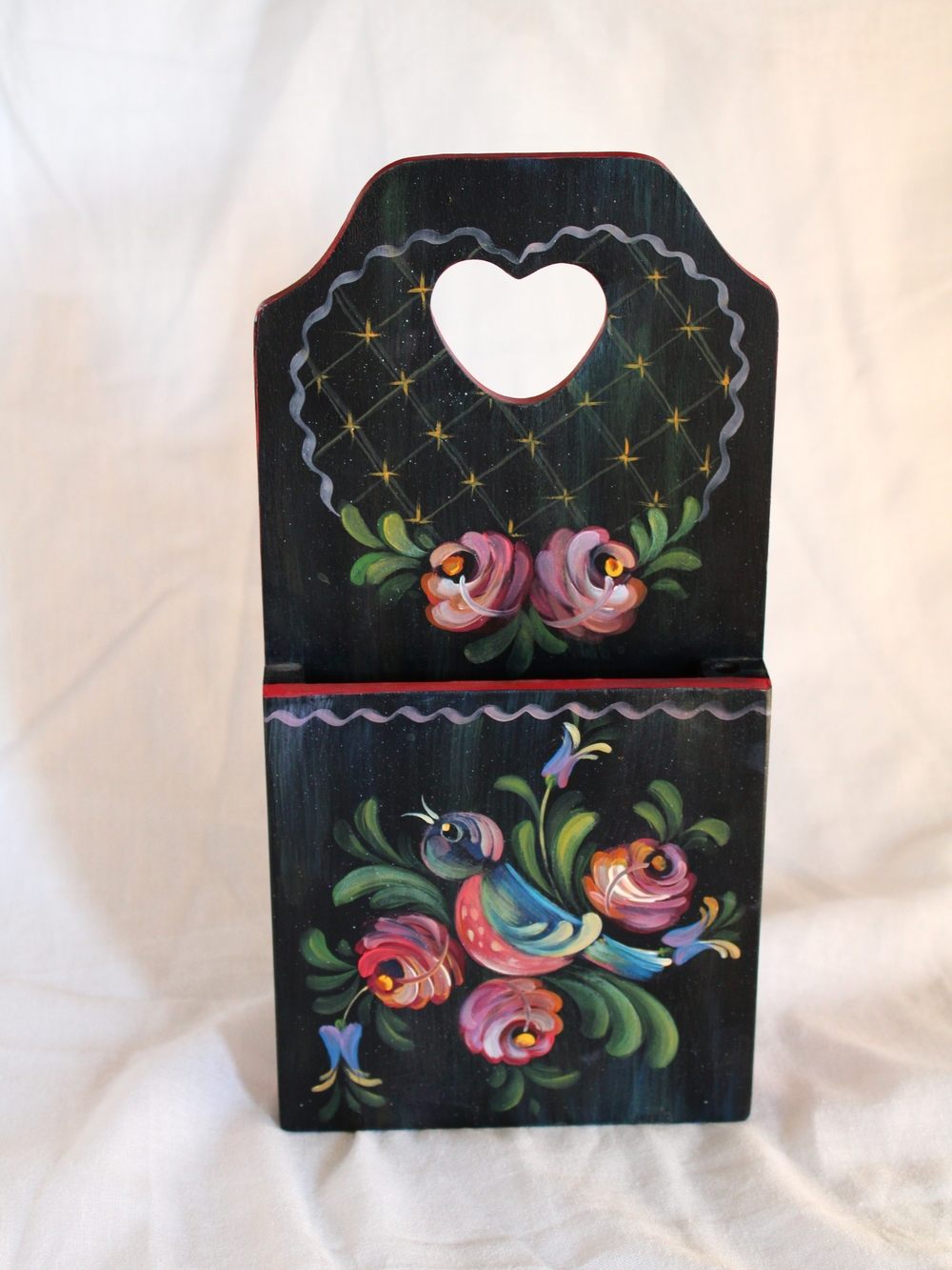 Hand-Painted Folk Art Wall Pocket with Floral Bird Motif - Black